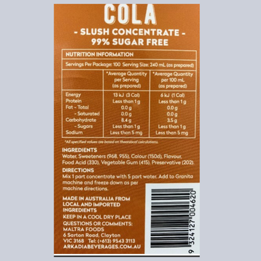 Nutrition label and ingredients list for cola slush concentrate on a brown background